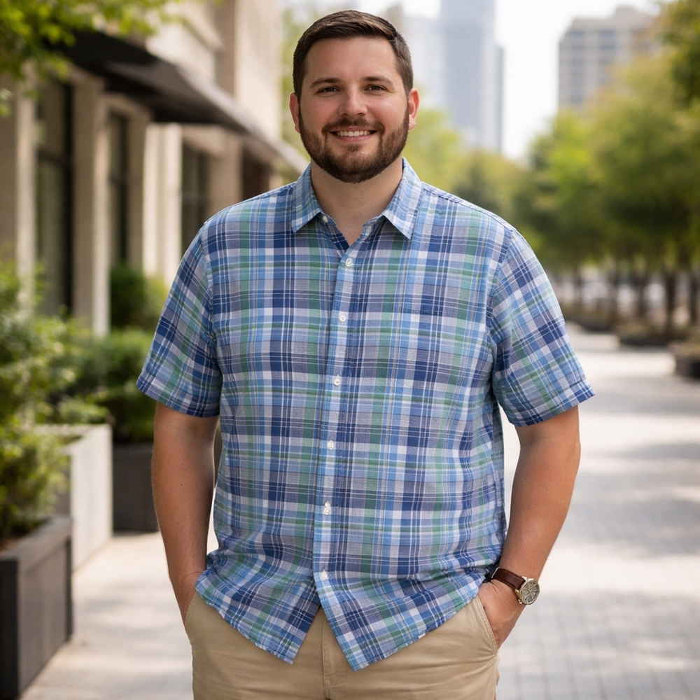 Chaps Linen Cotton Blend Blue Green Plaid Short Sleeve Casual Button-Up Shirt